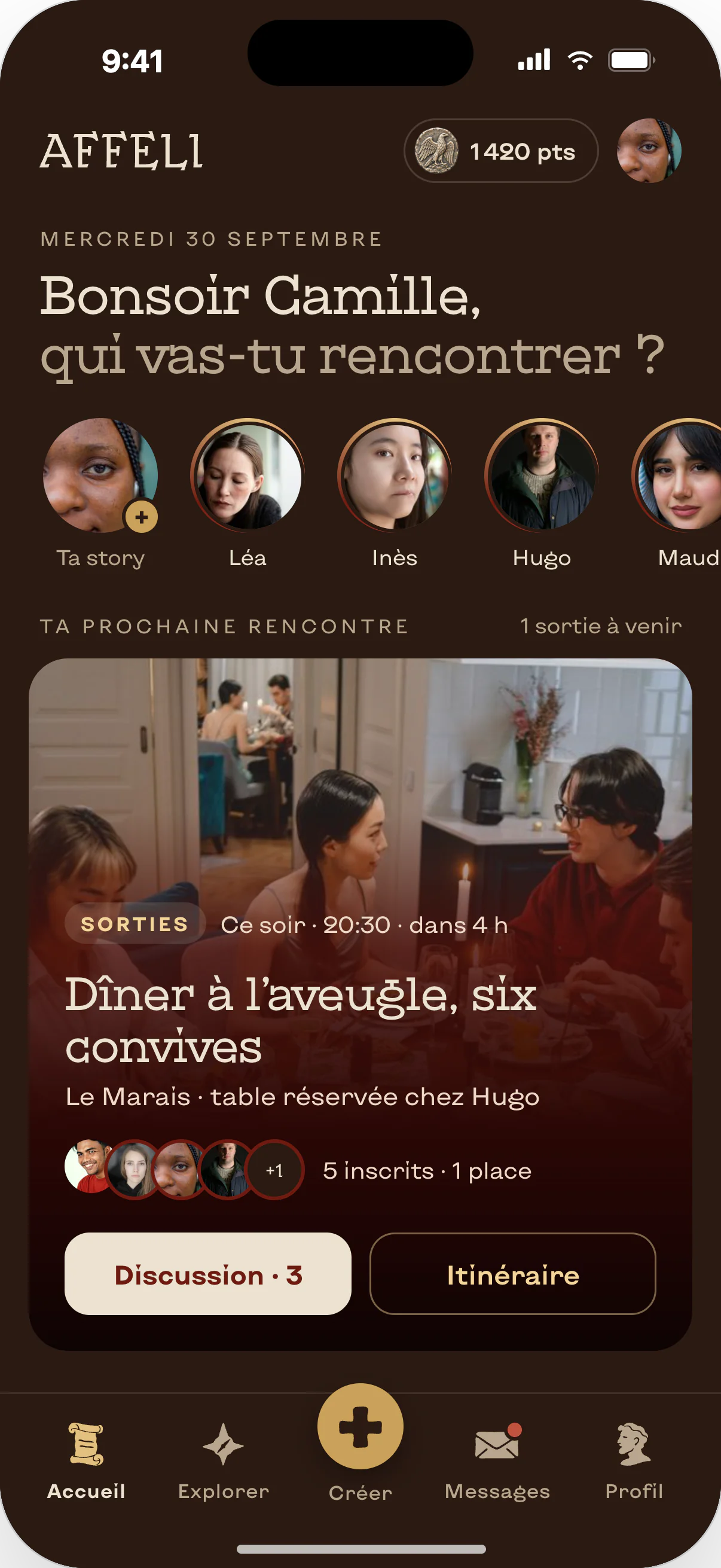 Application Affeli, écran accueil