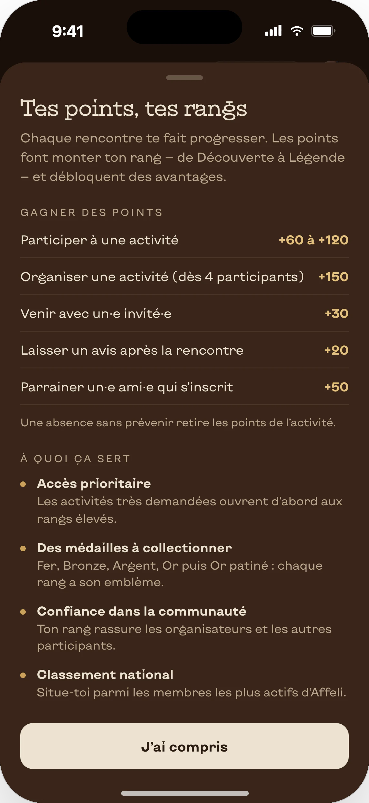 Application Affeli, écran points et rangs