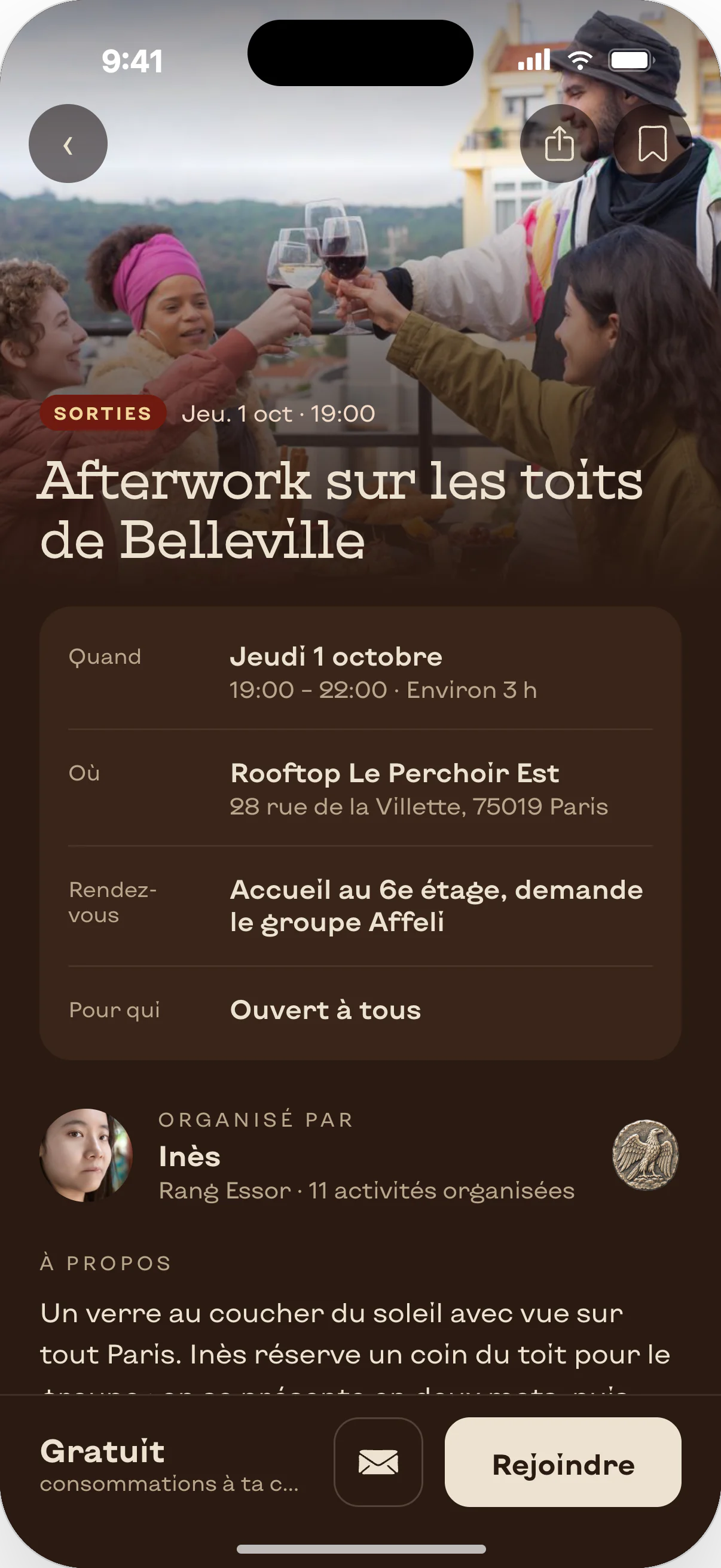 Application Affeli, écran page activité