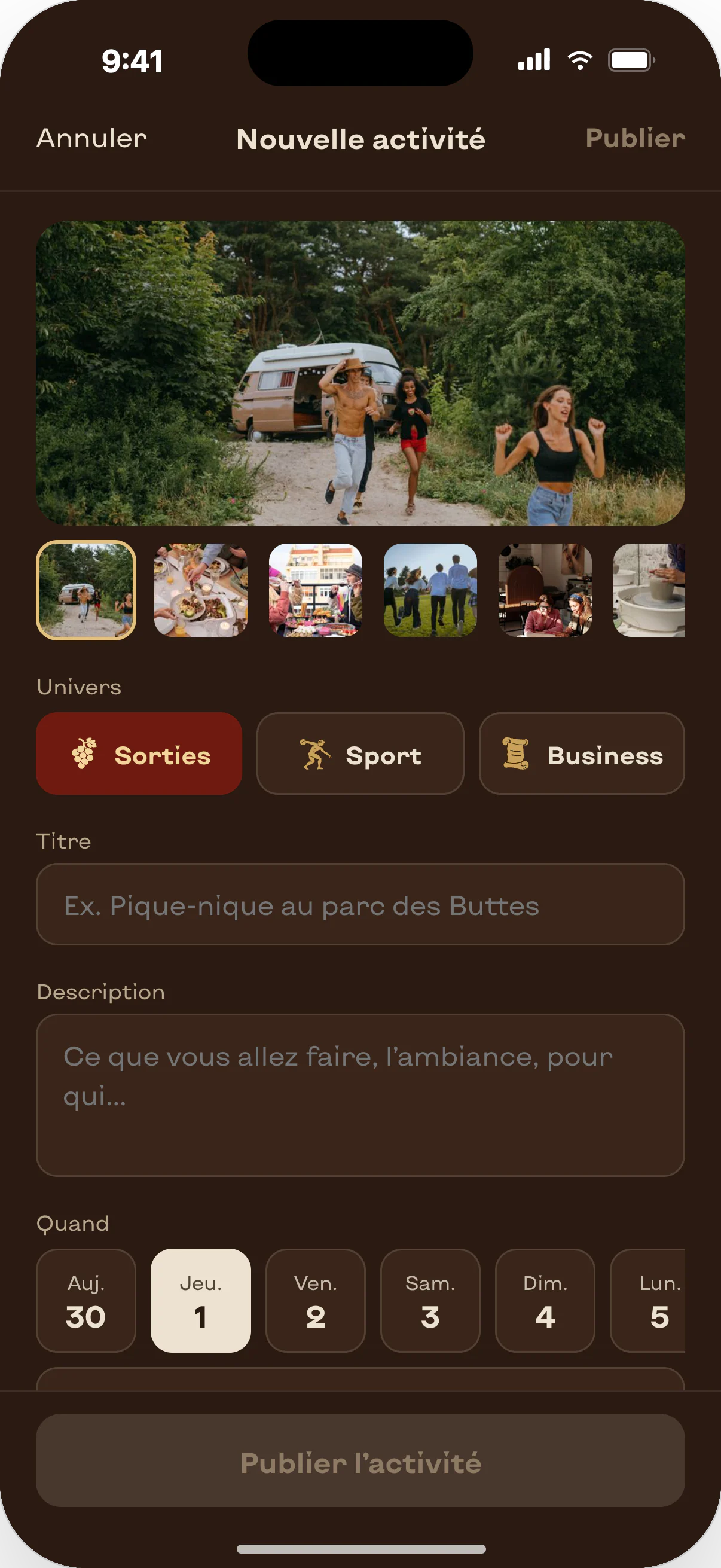 Application Affeli, écran créer une activité