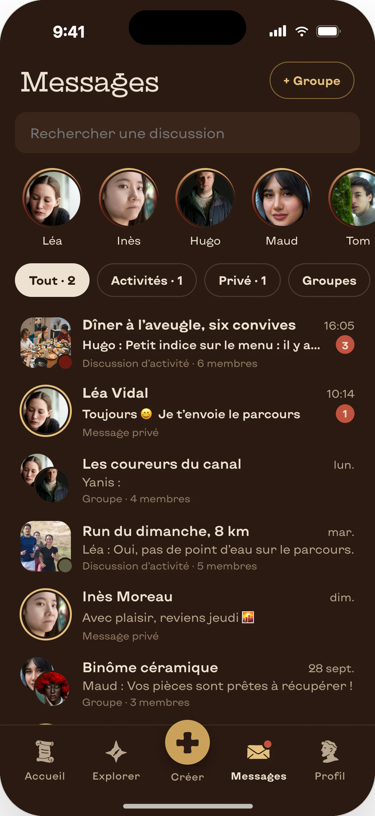 Application Affeli, écran messages