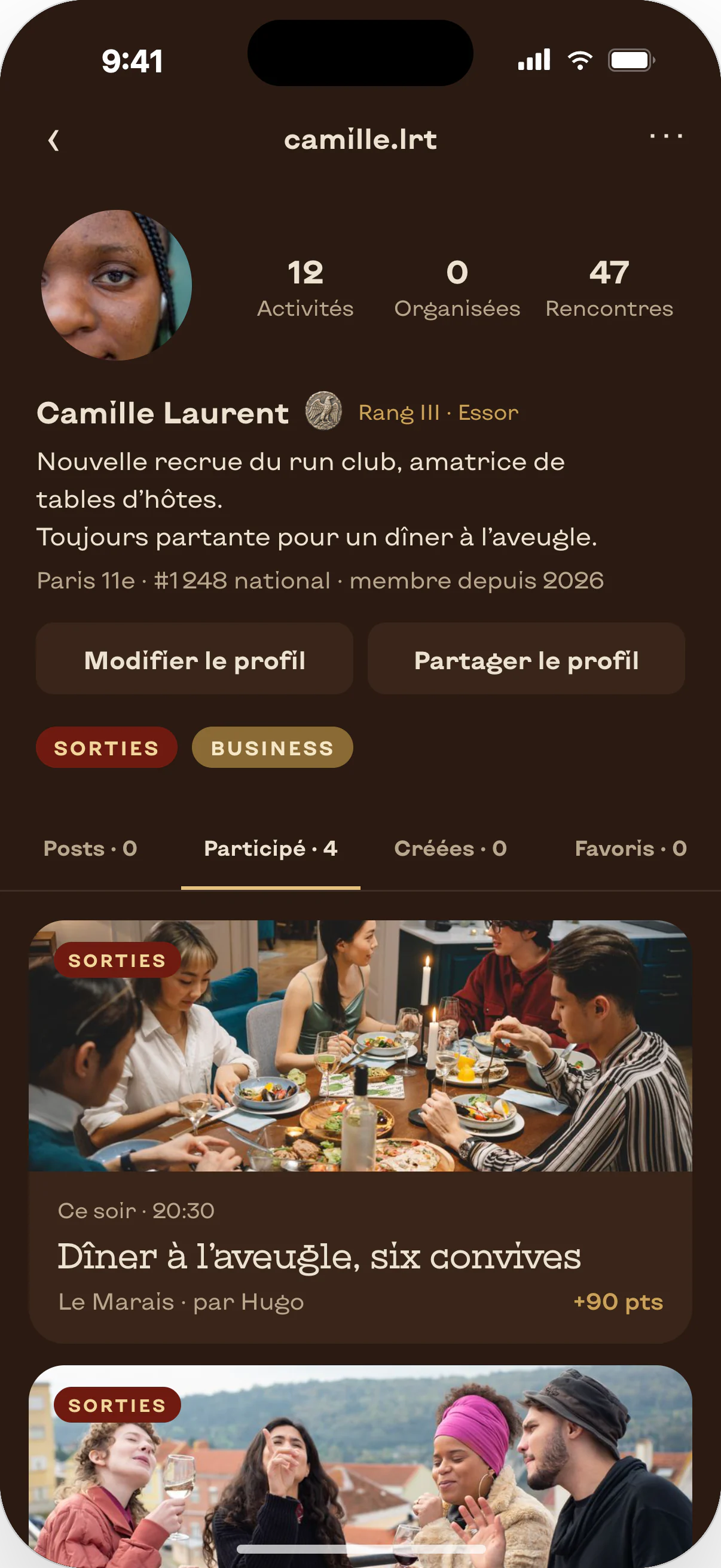 Application Affeli, écran mon profil