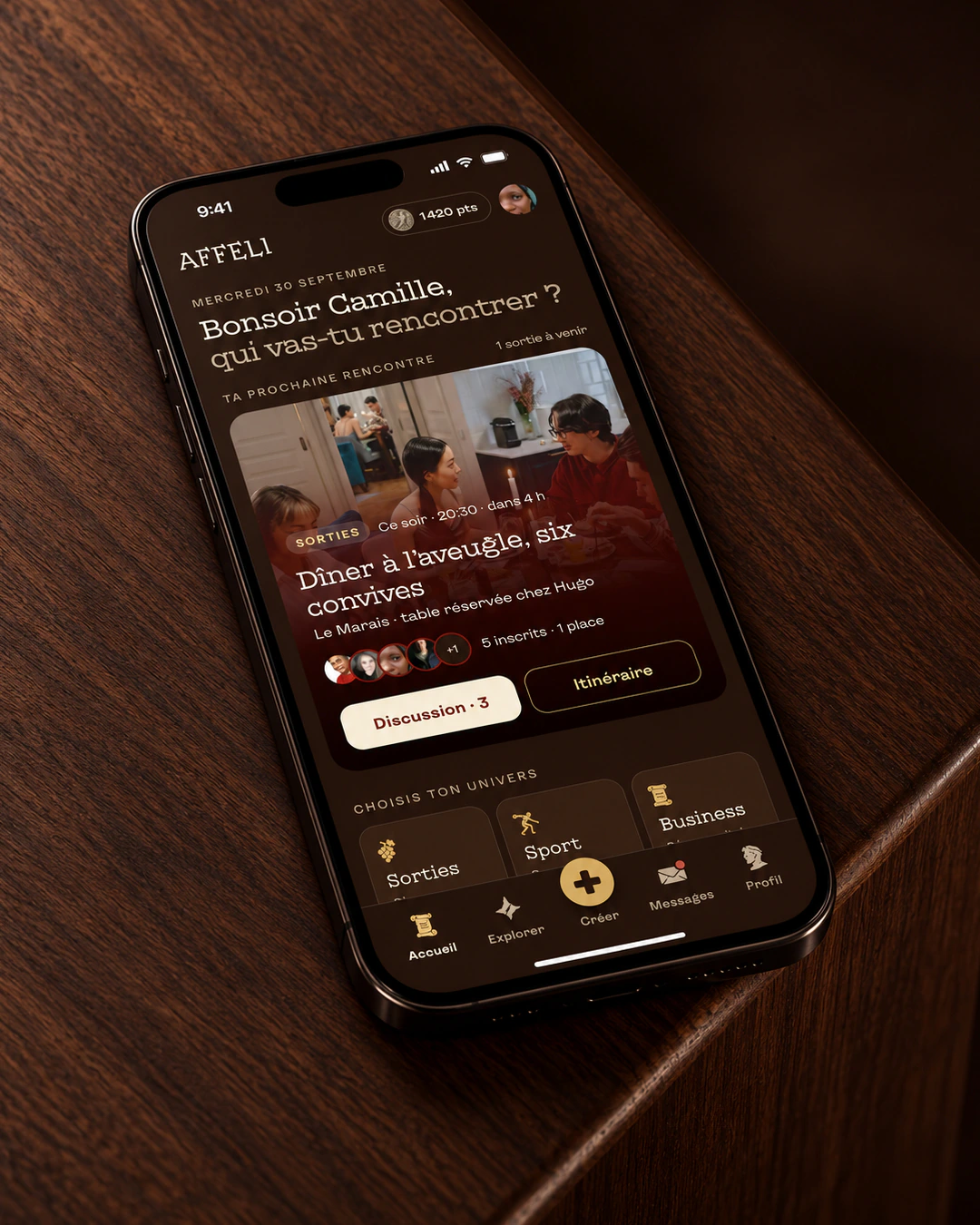Application mobile Affeli affichée sur un smartphone, écran d'accueil conçu par Studio Armony
