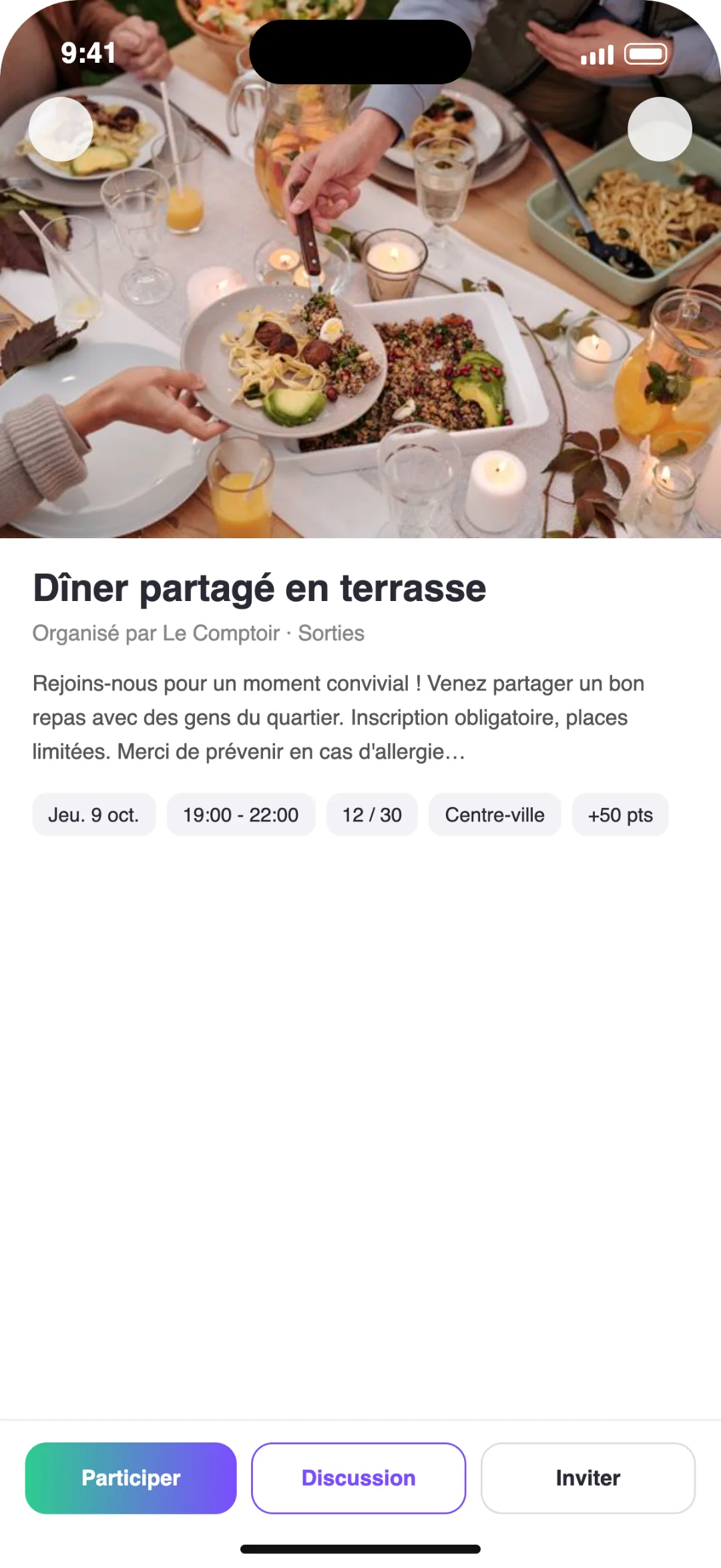 Page événement de l'application Sortiz avant la refonte UX/UI