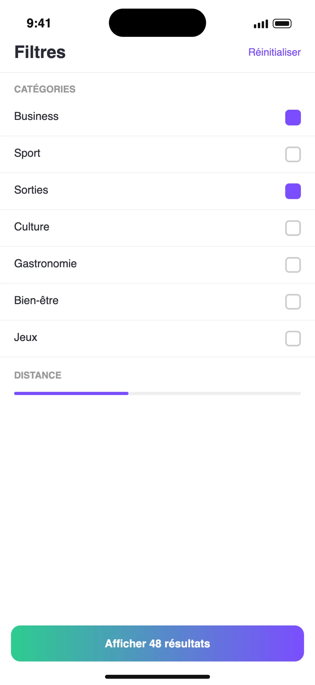Écran de filtres par catégorie de l'app Sortiz avant refonte