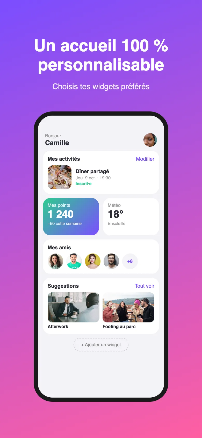 Ancienne app Sortiz, Accueil personnalisable