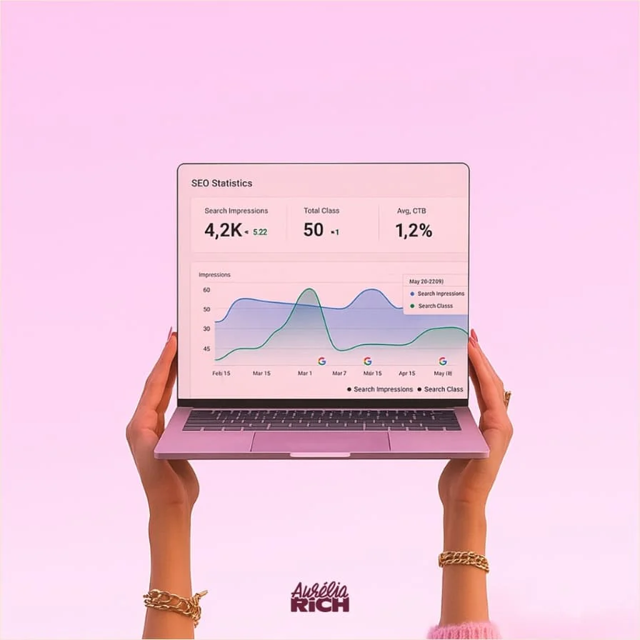 Post Instagram Aurélia Rich : mains tenant un ordinateur avec des statistiques SEO