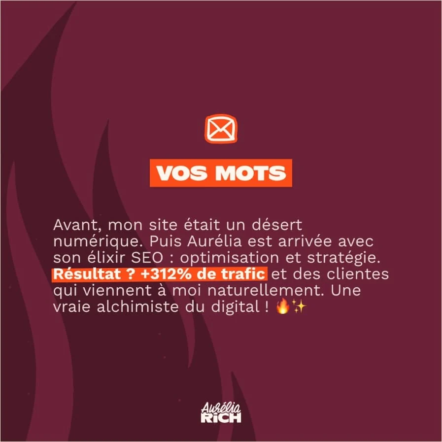 Post Instagram Aurélia Rich : témoignage cliente sur fond bordeaux et flammes