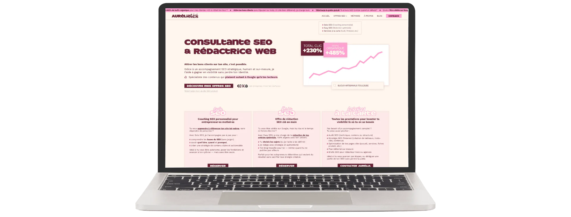 Site web d'Aurélia Rich, consultante SEO et rédactrice web, présenté sur ordinateur portable