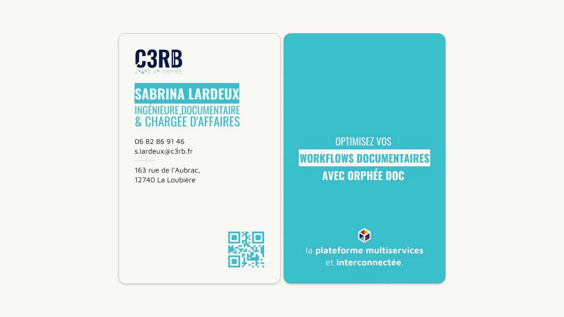 Cartes de visite C3RB Orphée Doc, recto blanc avec QR code et verso turquoise