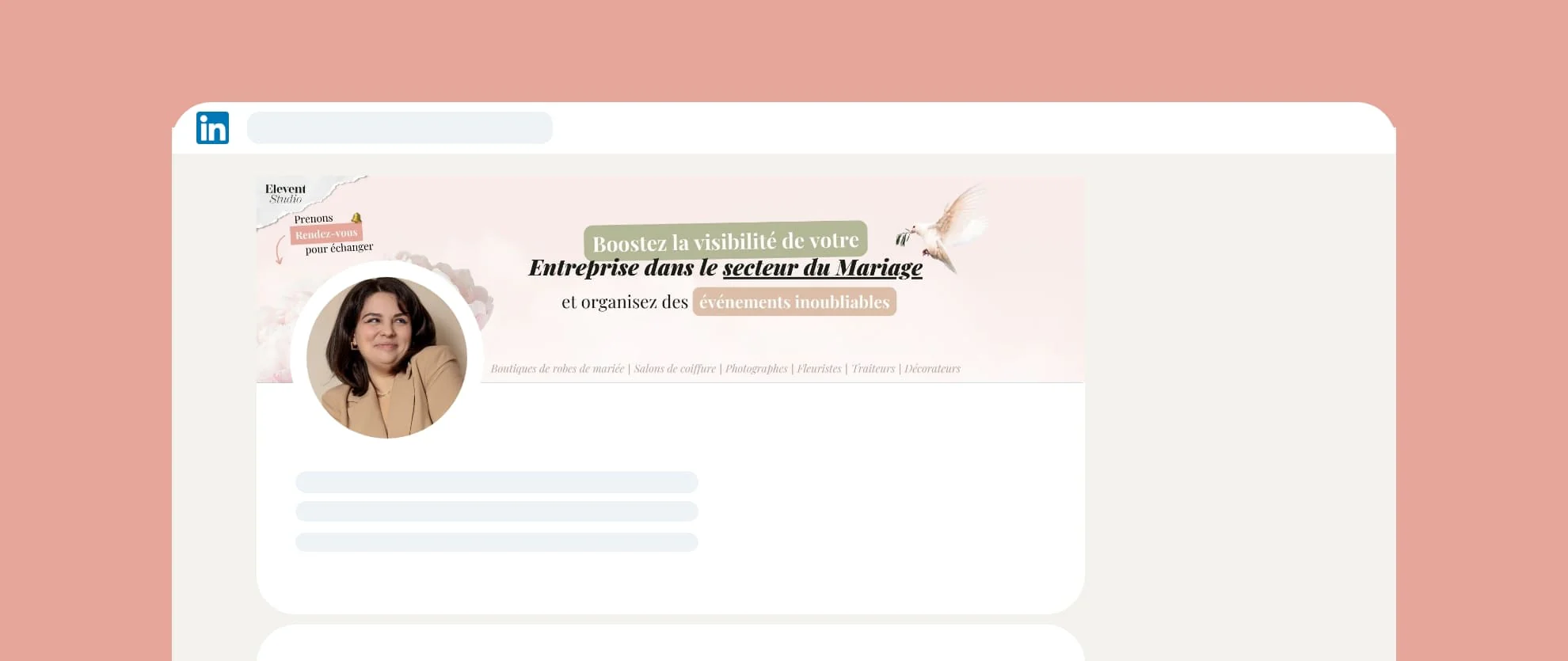 Bannière LinkedIn Elevent Studio, wedding planner et communication mariage
