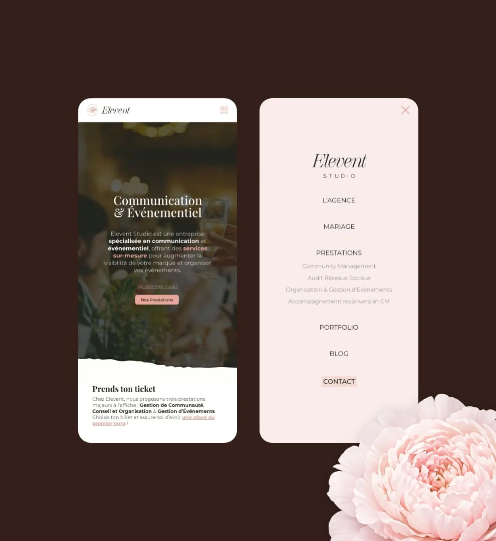 Maquettes mobile du site Elevent Studio : accueil et menu de navigation