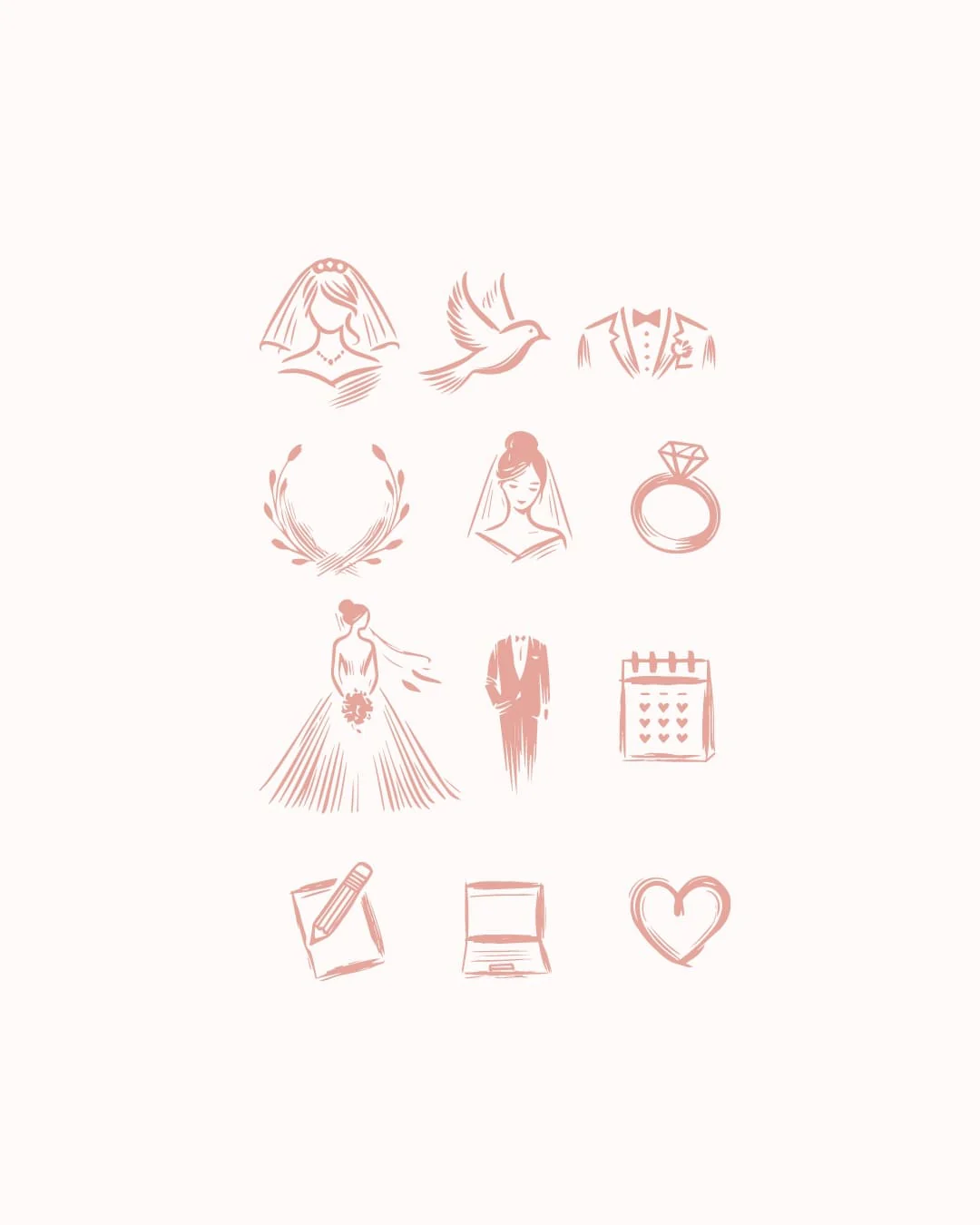Planche de pictogrammes mariage dessinés pour Elevent Studio