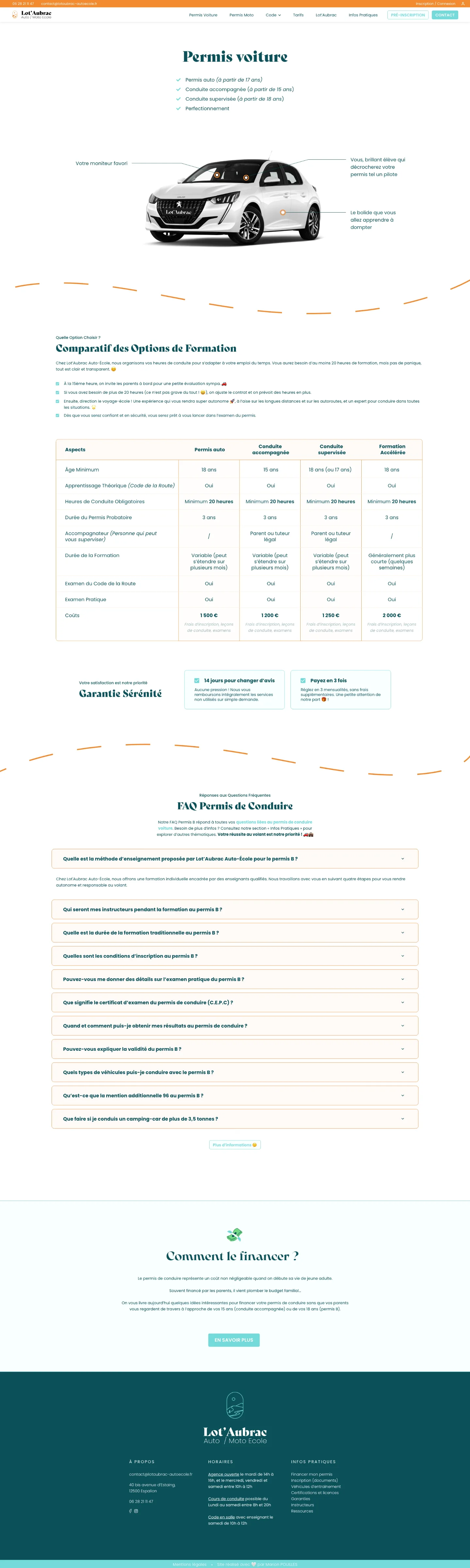 Site web de l'auto-école Lot'Aubrac : page Permis voiture avec comparatif des formations, garantie sérénité et FAQ