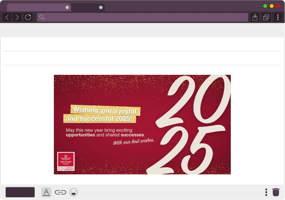 Emailing de vœux 2025 Royal Air Maroc Cargo, visuel rouge et doré avec grand « 2025 » manuscrit