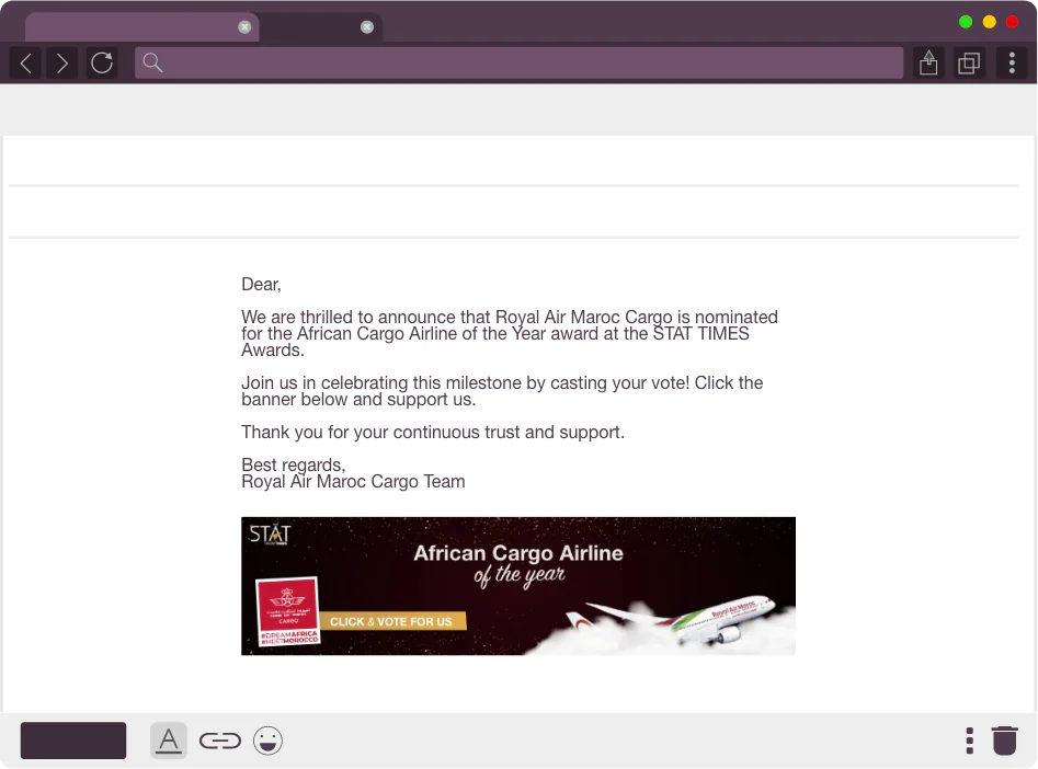 Emailing Royal Air Maroc Cargo pour le vote African Cargo Airline of the Year, bannière cliquable