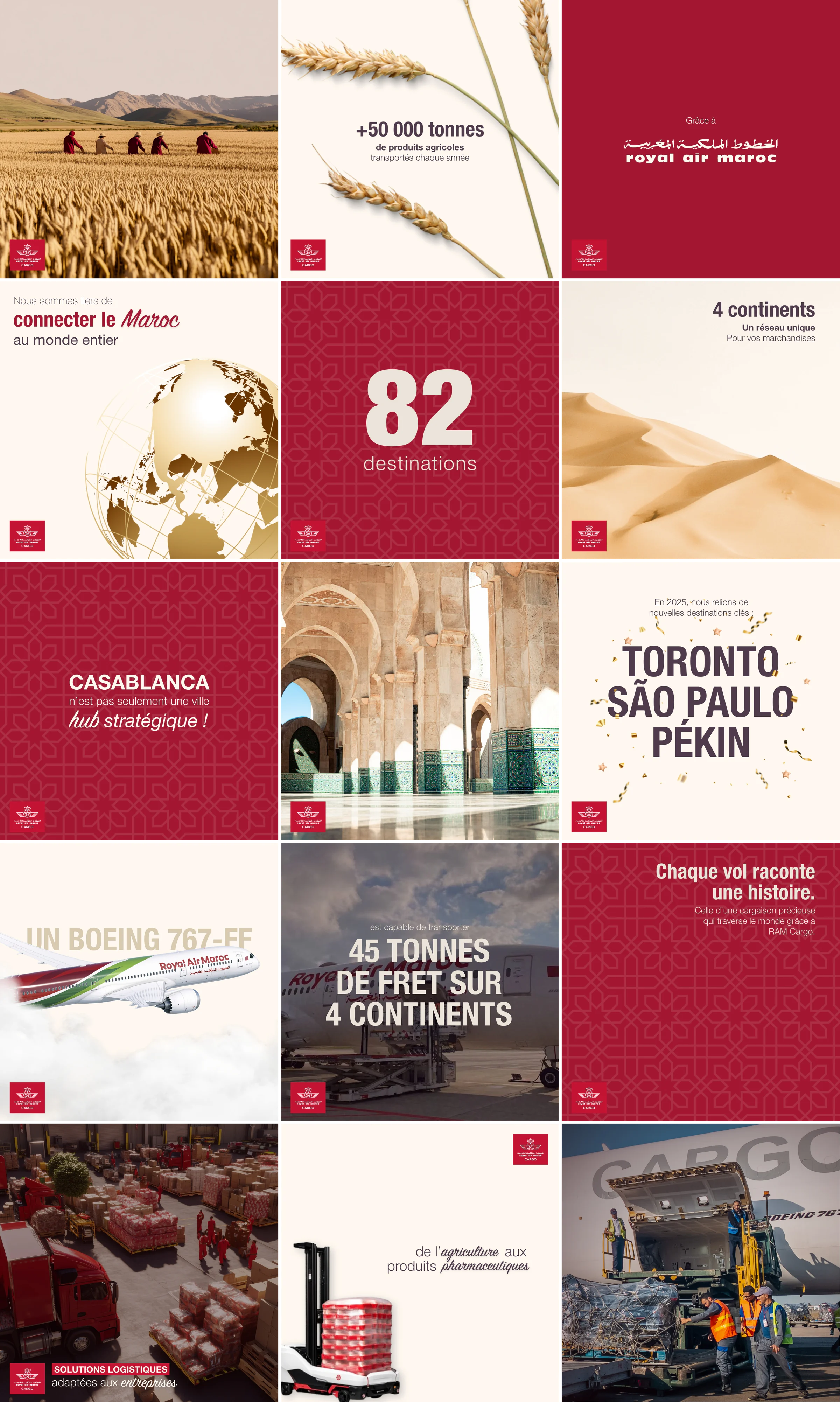 Grille Instagram Royal Air Maroc Cargo : quinze publications rouge, ivoire et or
