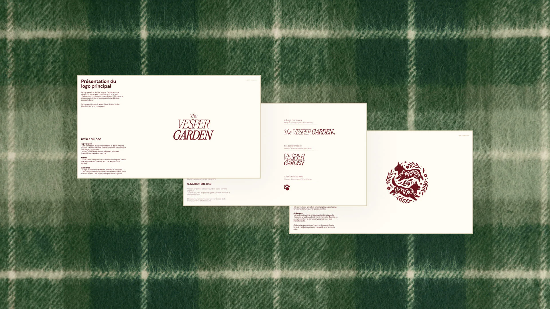 Trois pages de la charte graphique The Vesper Garden posées sur un tartan vert : logo principal, déclinaisons, emblème