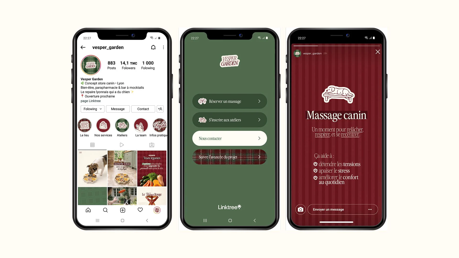 Trois smartphones : profil Instagram, Linktree vert et story Massage canin de The Vesper Garden