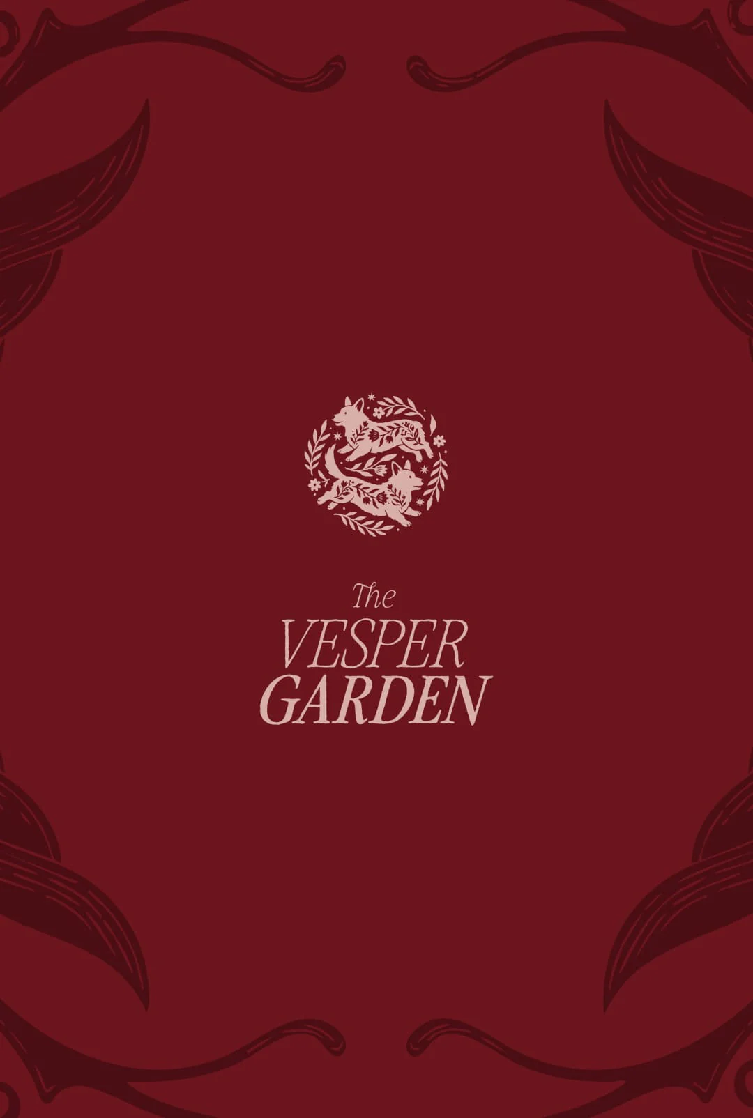 Logo The Vesper Garden et emblème aux deux chiens entourés de feuillages, sur fond bordeaux orné