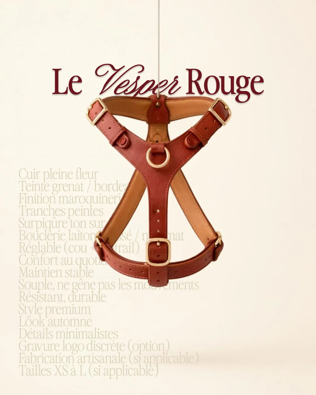 Post Instagram The Vesper Garden : harnais en cuir Le Vesper Rouge suspendu, liste des caractéristiques